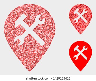 Pixelated and mosaic service map pointer icons. Vector icon of service map pointer composed with scattered round dots. Other pictogram is composed from dots.