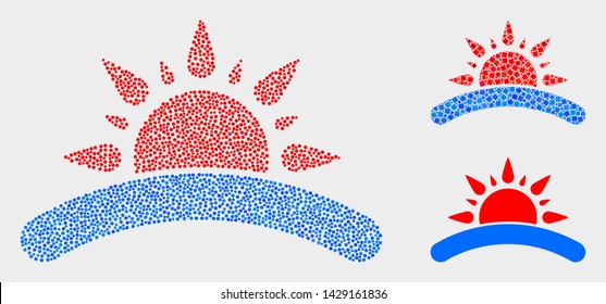 Pixelated and mosaic sunrise icons. Vector icon of sunrise organized of randomized round pixels. Other pictogram is formed from square pixels.