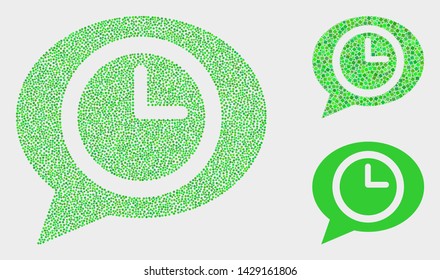 Pixelated and mosaic time message balloon icons. Vector icon of time message balloon created of randomized round points. Other pictogram is combined from small squares.