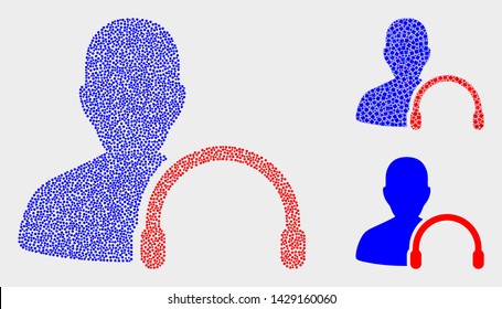 Pixelated and mosaic user headphones icons. Vector icon of user headphones formed of random spheric pixels. Other pictogram is formed from rectangle elements.