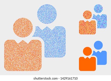 Pixelated and mosaic users icons. Vector icon of users designed of randomized circle dots. Other pictogram is designed from square pixels.