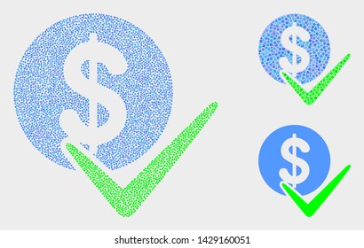 Pixelated and mosaic valid dollar coin icons. Vector icon of valid dollar coin formed with scattered circle elements. Other pictogram is constructed from elements.