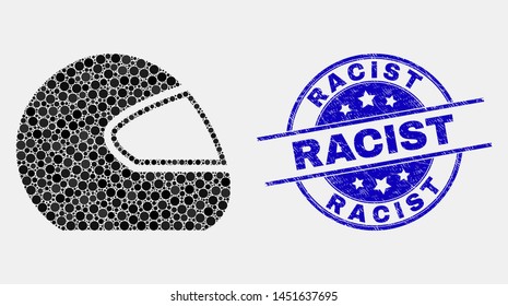 Pixelated motorcycle helmet mosaic pictogram and Racist seal stamp. Blue vector round textured stamp with Racist caption. Vector collage in flat style.