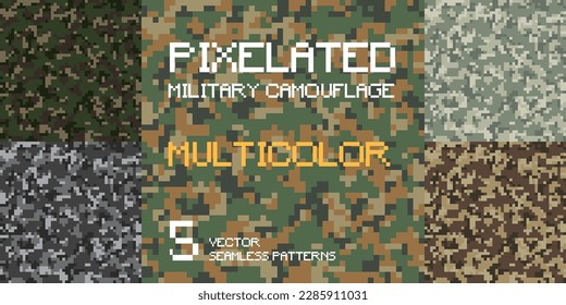 Pixelated multicolor military camouflage patterns. Army seamless pixel camo. Army and hunting camouflage ornament. Masking design for army or hunting. Vector illustration for fabric design and clothes