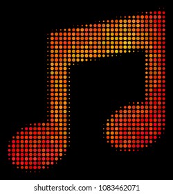 Pixelated music notes icon. Bright pictogram in orange color shades on a black background. Vector halftone collage of music notes icon combined of round pixels.