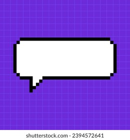 Pixelated narrow horizontal dialog box on a bright purple background. Illustration in the style of an 8-bit retro game, controller, cute frame for inscriptions.