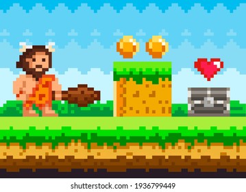 Paisaje natural pixelado con cavernícola parado en pradera verde cerca de plataforma con monedas