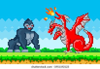 Paisaje natural Pixelado con dragón rojo de tres cabezas luchando con fuego contra el gran gorila