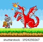 Pixelated natural landscape with warrior holding shield and sword fighting against red three-headed dragon. Cartoon pixel-game person to use in computer game. Minimalistic pixel knight with weapons