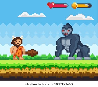 Pixel natürliche Landschaft mit primitiven Krieger Mann halten Club Kampf gegen große Gorilla. Cartoon Pixel-Game Charaktere, die im Computerspiel zu verwenden. Pixel alte Person kämpft mit riesigem Affen