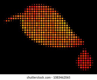 Pixelated natural leaf with drop icon. Bright pictogram in orange color tints on a black background. Vector halftone collage of natural leaf with drop icon done of round points.