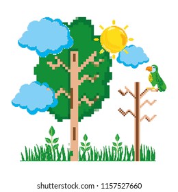 pixelated nature clouds with parrot in stalk