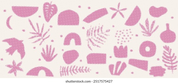 Pixelated nature inspired shapes-doodle collection. Cute botanical shapes, random childish doodle cutouts of tropical leaves, flowers and branches, decorative abstract art vector illustration	