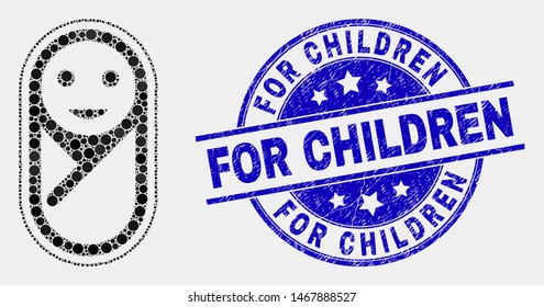 Pixelated new born mosaic icon and For Children seal stamp. Blue vector rounded distress stamp with For Children text. Vector collage in flat style.