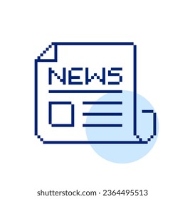 Pixelated newspaper icon. Front page article with pictures. Retro computer interface imitation. Pixel perfect icon