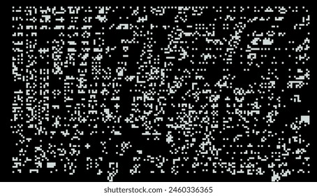 Pixelated noise texture with dithering effect. Black and white retro 1-bit background.