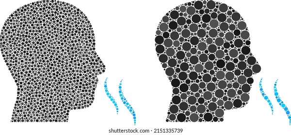 Pixelated nose smell icon. Mosaic nose smell icon organized from circle elements in variable sizes and color tints. Vector round elements are grouped into mosaic nose smell icon.