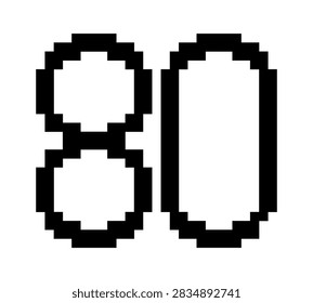 Pixelated number 80 with bold geometric outline, isolated in black and white, suitable for retro graphics, typography, digital design, posters, signs, and templates.