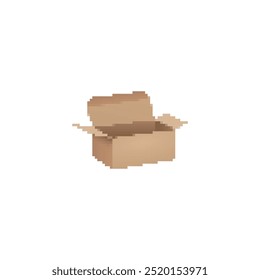Ilustración de caja de cartón abierta pixelada. Pixel simple de una caja de cartón marrón con una tapa abierta.