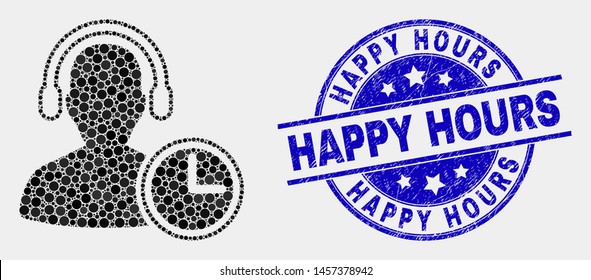 Pixelated operator time mosaic pictogram and Happy Hours stamp. Blue vector rounded grunge stamp with Happy Hours message. Vector combination in flat style.