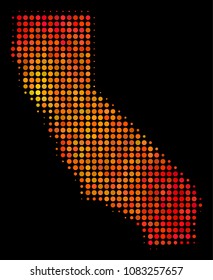 Pixelated orange California map. Vector territory scheme in orange color variations on a black background. Halftone collage of California map composed of circle points.