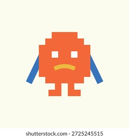 A pixelated orange monster with a sad face and blue arms stands on a white background, evoking a retro video game aesthetic.
