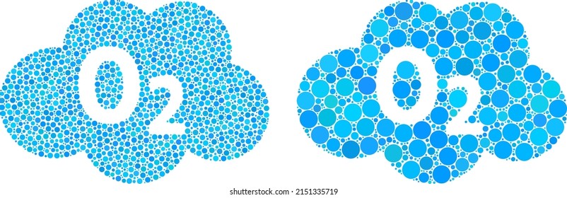 Pixelated oxigen cloud icon. Collage oxigen cloud icon composed of round items in various sizes and color tints. Vector spheric items are composed into collage oxigen cloud icon.