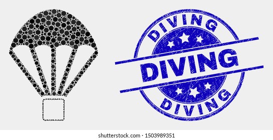 Pixelated parachute mosaic icon and Diving watermark. Blue vector rounded scratched seal stamp with Diving message. Vector collage in flat style. Black isolated parachute mosaic of scattered dots,