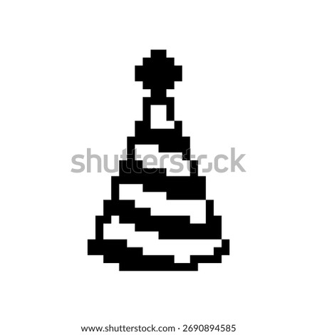 Pixelated party hat with black and white stripes on a plain white background