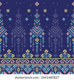 Pixelated pattern evoking temple architecture, with soft pastels and intricate weaving symbols on a deep blue base.
