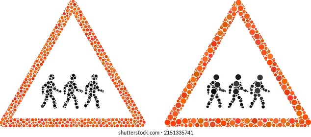Pixelated pedestrian men warning icon. Mosaic pedestrian men warning icon composed of round elements in variable sizes and color tints.