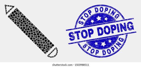 Pixelated pencil mosaic icon and Stop Doping seal stamp. Blue vector round distress seal stamp with Stop Doping message. Vector composition in flat style.