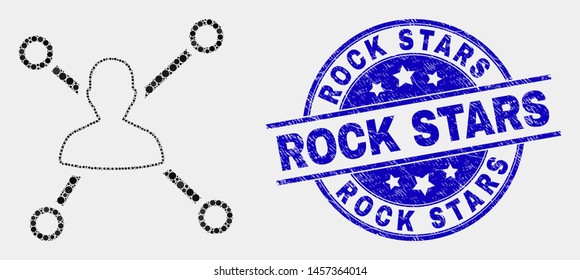 Pixelated person links mosaic icon and Rock Stars seal stamp. Blue vector round scratched seal stamp with Rock Stars phrase. Vector combination in flat style.