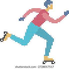 Pixelated persona rollerblading con desenfoque de movimiento en el fondo blanco patines