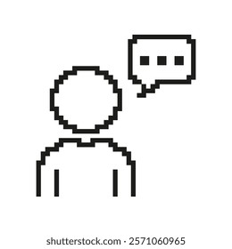 Pixelated Person with Speech Bubble Icon. Communication and Chat Symbol in Retro Style. Talking and Messaging Symbol. Isolated Vector Illustration.
