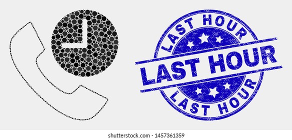 Pixelated phone call time mosaic icon and Last Hour stamp. Blue vector round textured seal stamp with Last Hour text. Vector composition in flat style.