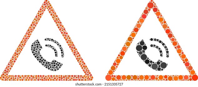Icono de advertencia de llamadas telefónicas pixeladas. Icono de advertencia de llamadas telefónicas mosaicas unidas de elementos esféricos en tamaños aleatorios y tonos de color.