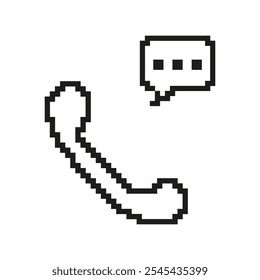 Pixelated Phone Receiver with Speech Bubble Icon. Communication and Call Symbol in Pixel Art Style. Contact and Customer Service. Isolated Vector Illustration.