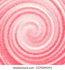 Pixelated pink and white cream swirl background. Vanilla and strawberry cream texture in pixel art style. Vector illustration