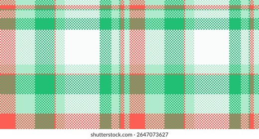 Pixelated plaid pattern in green, red, and tan hues. Retro, textured design ideal for backgrounds, textiles, or festive themed projects. Creates a warm, nostalgic, handcrafted feel.