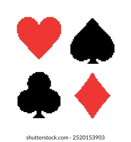 Pixelated playing card suits illustration. Simple pixel art of hearts, spades, clubs, and diamonds in red and black.