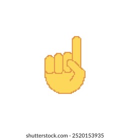 Pixelated pointing hand illustration. Simple pixel art yellow hand with the index finger pointing upward