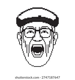 Pixelated portrait of an elderly man with a cap and open mouth