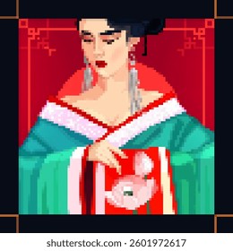 Pixelated Portrait of an Elegant Asian Woman in Traditional red Attire with peony flowers. Girl in a kimono on a red background instyle Pixel art
