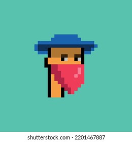 pixelated portrait of a man in a blue hat with a red headscarf