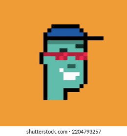 Pixelated Portrait Of A Man In A Blue Hat And Tan Green In Red Glasses