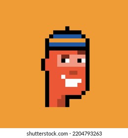 Pixelated Portrait Of A Man In A Blue And Yellow Hat And Orange Skin