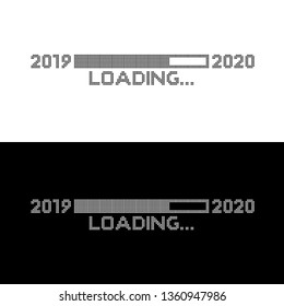 Pixelated progress bar year 2019 to 2020 loading. Happy New Year Vector illustration. Isolated on black white background.