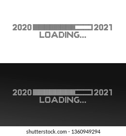 Pixelated progress bar year 2020 to 2021 loading. Happy New Year Vector illustration. Isolated on black white background.