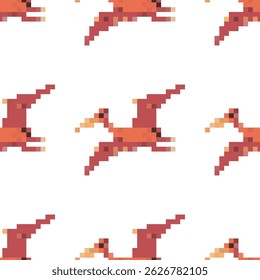 Pixelated pterodactyl dinosaur vector cartoon seamless pattern on a white background.
